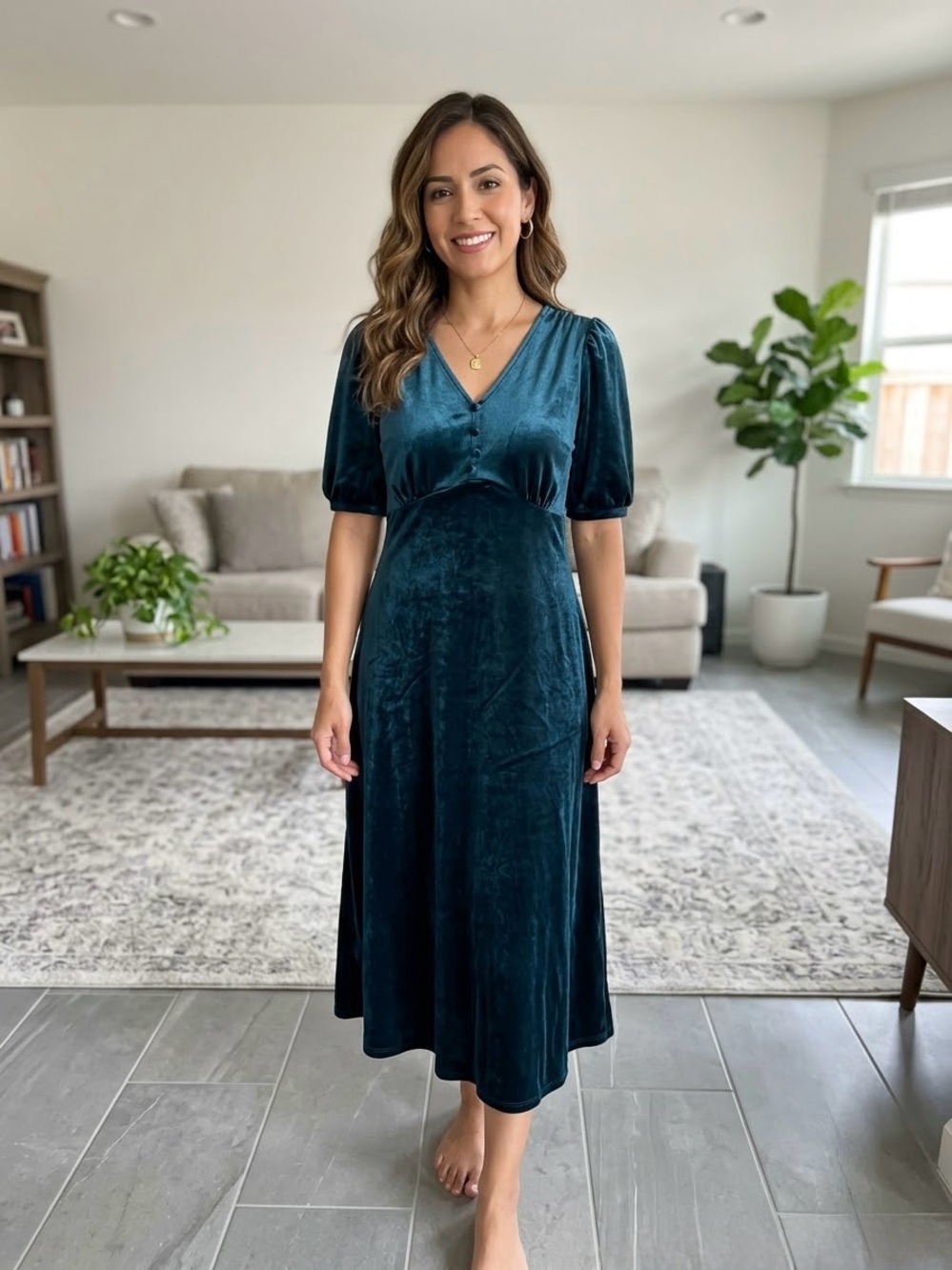 Briggs New York Teal Velvet V-Neck Midi Dress XS